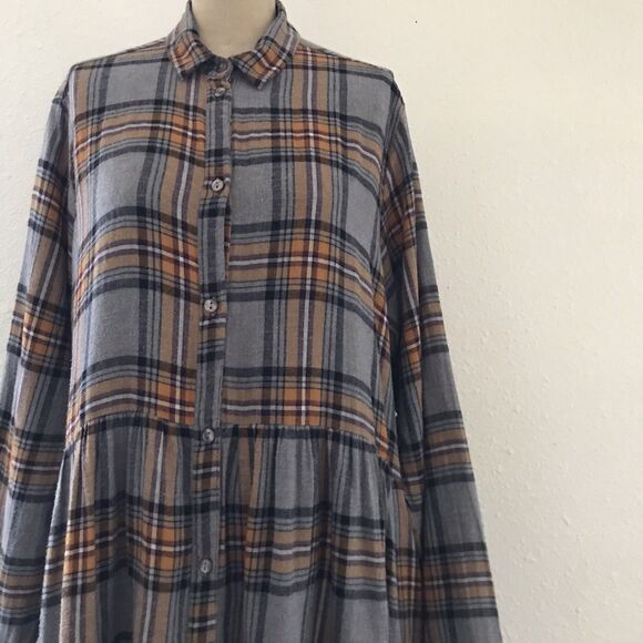 Monki Gray Yellow Plaid Flannel Collared Long Sleeve Casual Winter Shirt Dress M - Picture 2 of 12